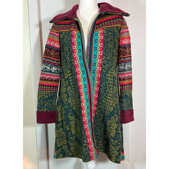 IVKO 100% WOOL LONG CARDIGAN HOODIE MULTICOLOR FLORAL SWEATER KNIT WOMENS 40/L - Picture 1 of 13